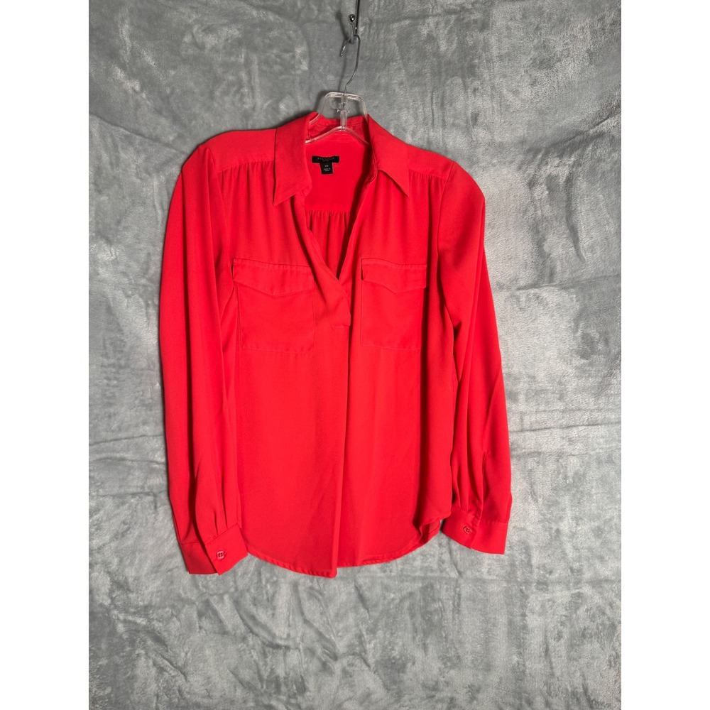 Ann Taylor‎ Petite Red Utility Blouse Long Sleeve Button Front Pocket Top XSP